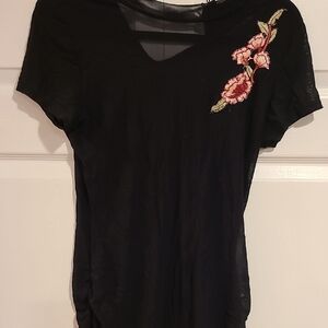 Almost Famous Black Top with Pink Floral Embroidery